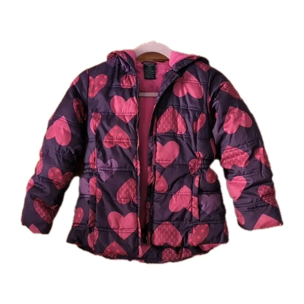 Faded Glory Kids' Puffer Jackets for Girls Plum/Pink With Hearts size 6 defects - Picture 1 of 10